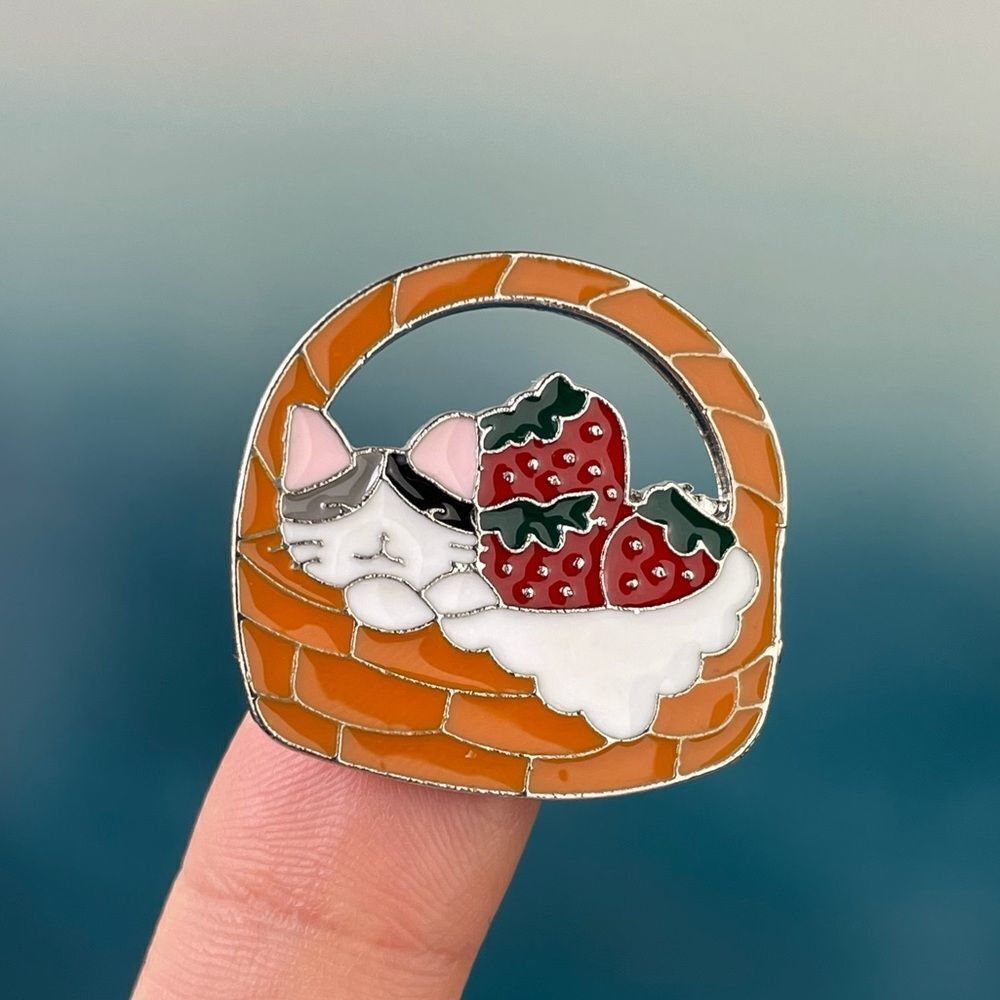 Basket of Kitty & Strawberries Enamel Pin/ Brooch